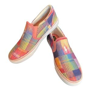 Polo by Ralph Lauren Girls Colorful Plaid Slip-On Sneakers.  Size 5
